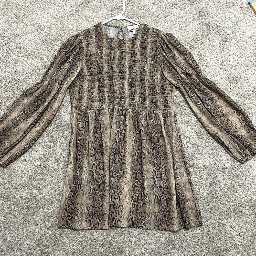 Ganni Long Sleeve Snake Print Smocked Mini Dress in Brown and Black